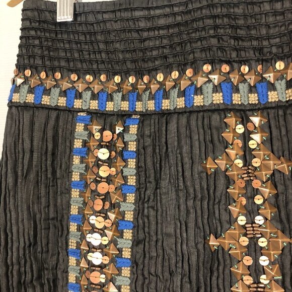 Etcetera Black Embroidered Beaded Crinkle Glam Lined A-Line Skirt Sz 8 - Picture 5 of 14